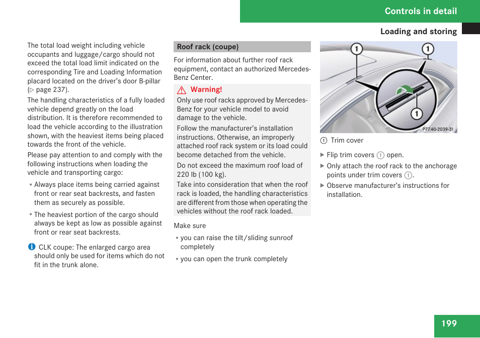 Roof rack (coupe), Controls in detail | Mercedes-Benz CLK-Class 2009 Owners Manual User Manual | Page 201 / 384