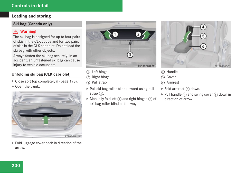 Ski bag (canada only), Controls in detail | Mercedes-Benz CLK-Class 2009 Owners Manual User Manual | Page 202 / 384