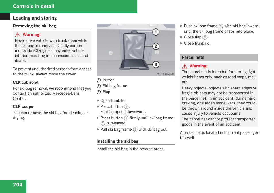 Parcel nets, Controls in detail | Mercedes-Benz CLK-Class 2009 Owners Manual User Manual | Page 206 / 384