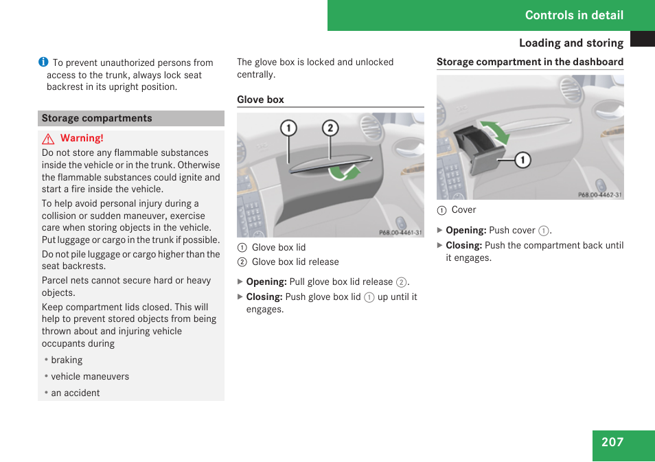 Storage compartments, Controls in detail | Mercedes-Benz CLK-Class 2009 Owners Manual User Manual | Page 209 / 384