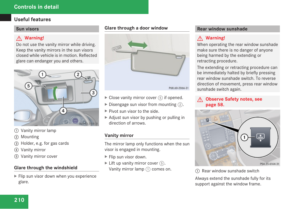 Sun visors, Rear window sunshade, Controls in detail | Mercedes-Benz CLK-Class 2009 Owners Manual User Manual | Page 212 / 384