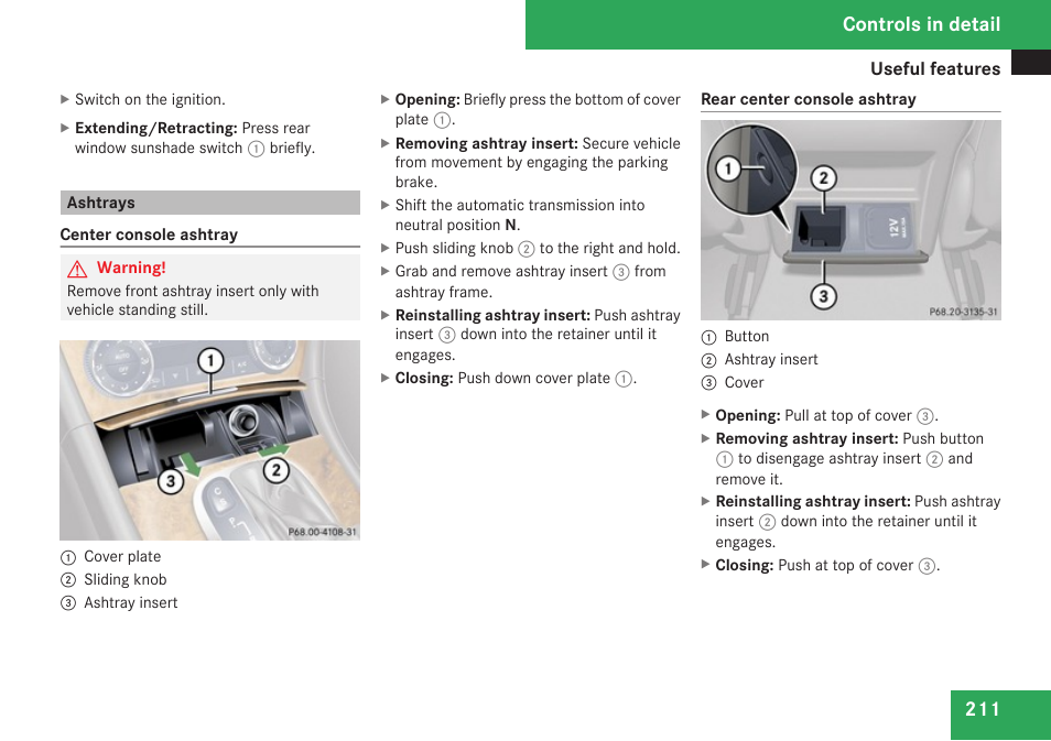 Ashtrays, Controls in detail | Mercedes-Benz CLK-Class 2009 Owners Manual User Manual | Page 213 / 384