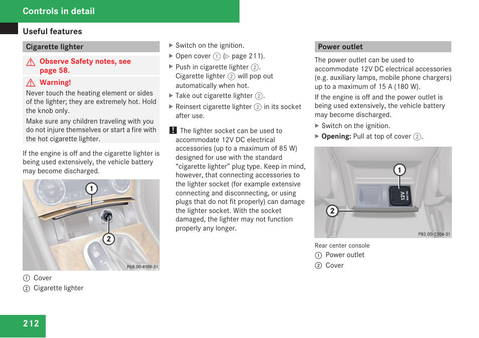 Cigarette lighter, Power outlet, Controls in detail | Mercedes-Benz CLK-Class 2009 Owners Manual User Manual | Page 214 / 384