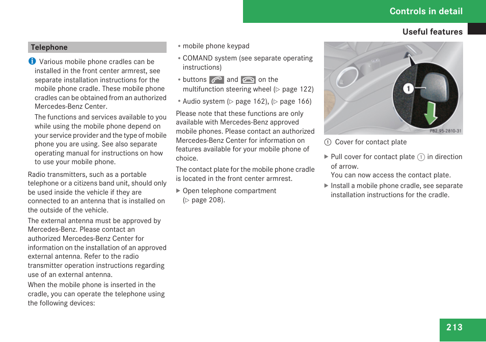 Telephone, Cradle, Controls in detail | Mercedes-Benz CLK-Class 2009 Owners Manual User Manual | Page 215 / 384