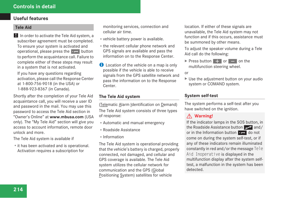 Tele aid, Controls in detail | Mercedes-Benz CLK-Class 2009 Owners Manual User Manual | Page 216 / 384