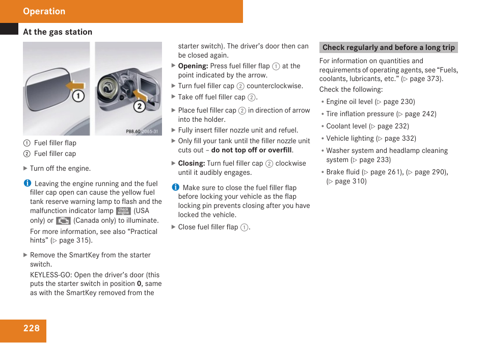 Check regularly and before a long trip, Operation | Mercedes-Benz CLK-Class 2009 Owners Manual User Manual | Page 230 / 384