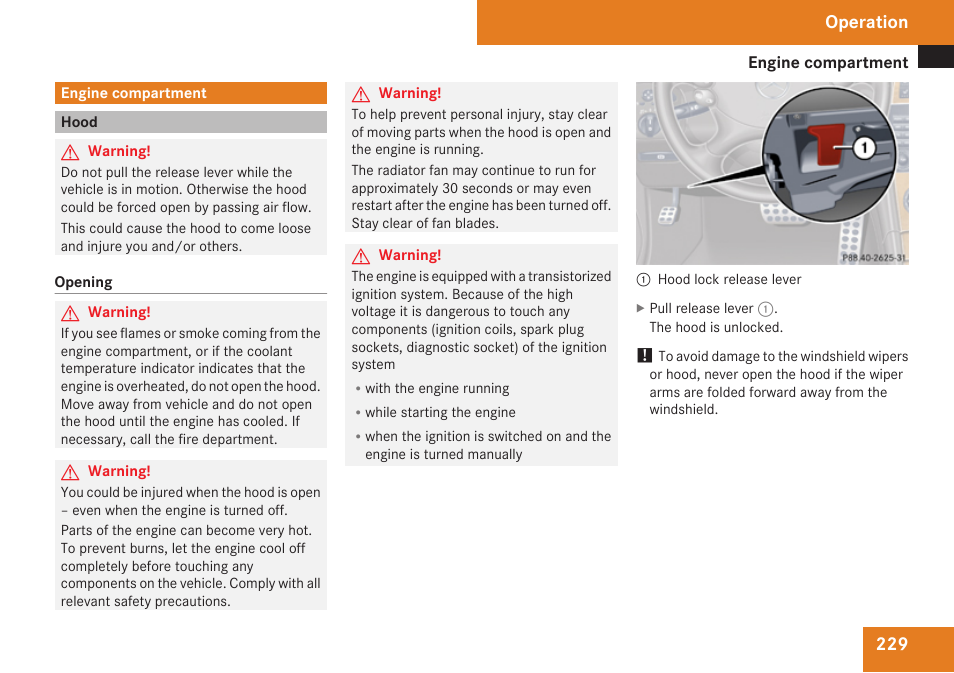 Engine compartment, Hood, Operation | Mercedes-Benz CLK-Class 2009 Owners Manual User Manual | Page 231 / 384