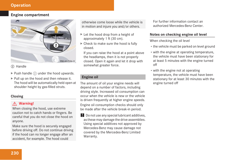 Engine oil, Engine oil level, Operation | Mercedes-Benz CLK-Class 2009 Owners Manual User Manual | Page 232 / 384