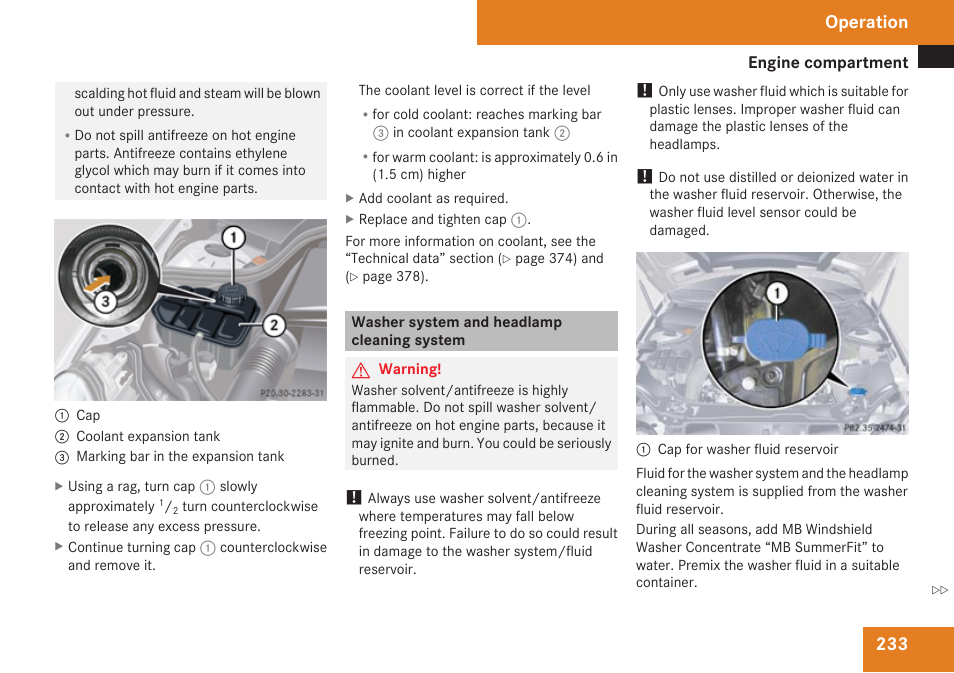 Washer system and headlamp cleaning system, Cleaning system, System | Operation | Mercedes-Benz CLK-Class 2009 Owners Manual User Manual | Page 235 / 384