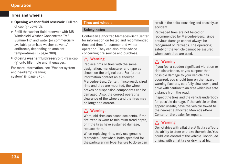 Tires and wheels, Safety notes, Operation | Mercedes-Benz CLK-Class 2009 Owners Manual User Manual | Page 236 / 384