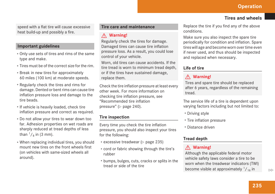 Important guidelines, Tire care and maintenance, Operation | Mercedes-Benz CLK-Class 2009 Owners Manual User Manual | Page 237 / 384