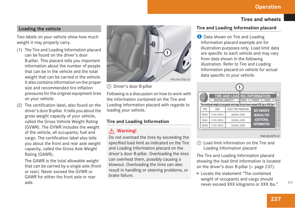 Loading the vehicle, Operation | Mercedes-Benz CLK-Class 2009 Owners Manual User Manual | Page 239 / 384