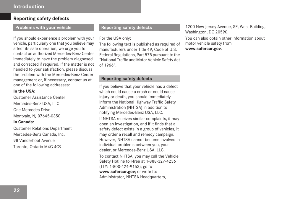 Problems with your vehicle, Reporting safety defects | Mercedes-Benz CLK-Class 2009 Owners Manual User Manual | Page 24 / 384