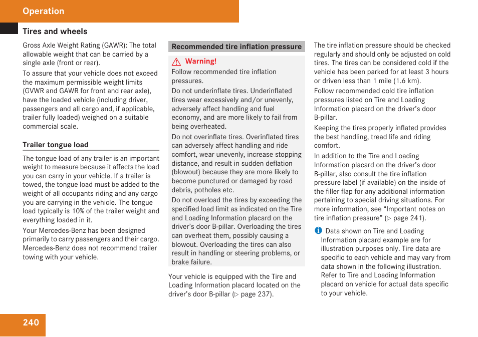 Recommended tire inflation pressure, Capacity of your vehicle, Load | Operation | Mercedes-Benz CLK-Class 2009 Owners Manual User Manual | Page 242 / 384
