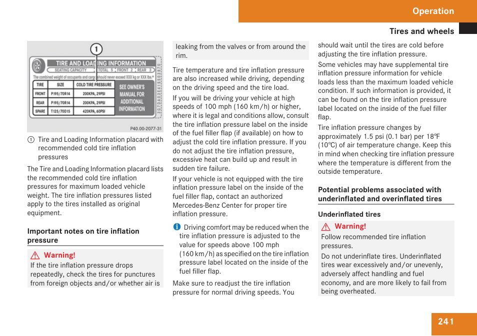 Tire inflation pressure, Operation | Mercedes-Benz CLK-Class 2009 Owners Manual User Manual | Page 243 / 384