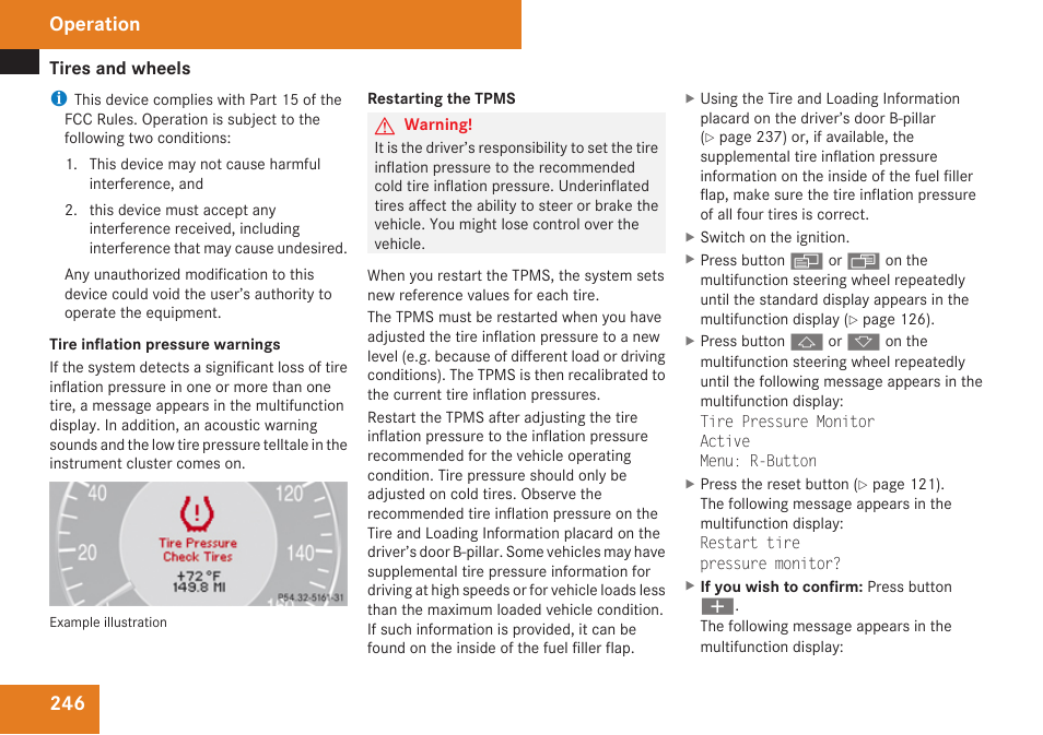 Restarting the tpms, Operation | Mercedes-Benz CLK-Class 2009 Owners Manual User Manual | Page 248 / 384