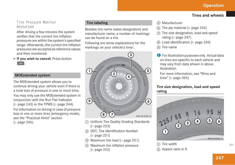 Moextended system, Tire labeling, Operation | Mercedes-Benz CLK-Class 2009 Owners Manual User Manual | Page 249 / 384