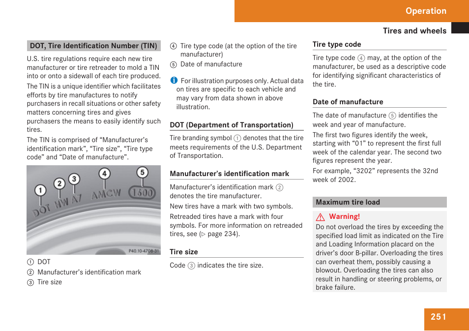 Dot, tire identification number (tin), Maximum tire load, Load | Operation | Mercedes-Benz CLK-Class 2009 Owners Manual User Manual | Page 253 / 384