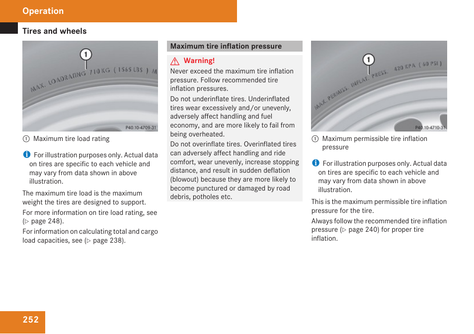 Maximum tire inflation pressure, Operation | Mercedes-Benz CLK-Class 2009 Owners Manual User Manual | Page 254 / 384