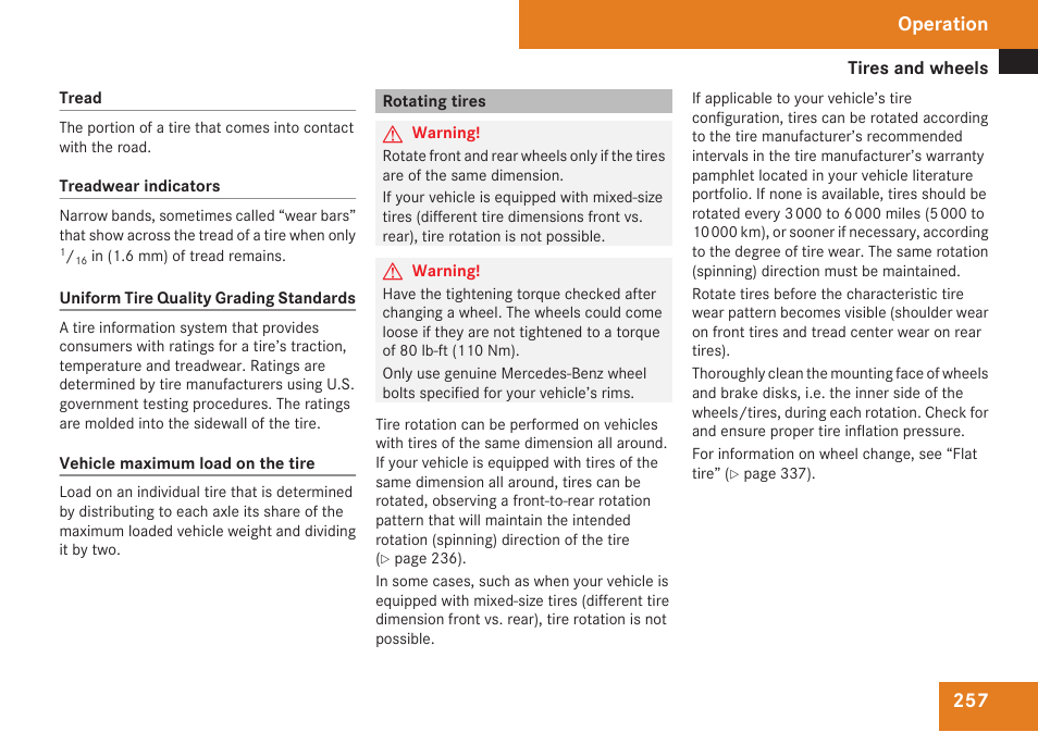 Rotating tires, Operation | Mercedes-Benz CLK-Class 2009 Owners Manual User Manual | Page 259 / 384