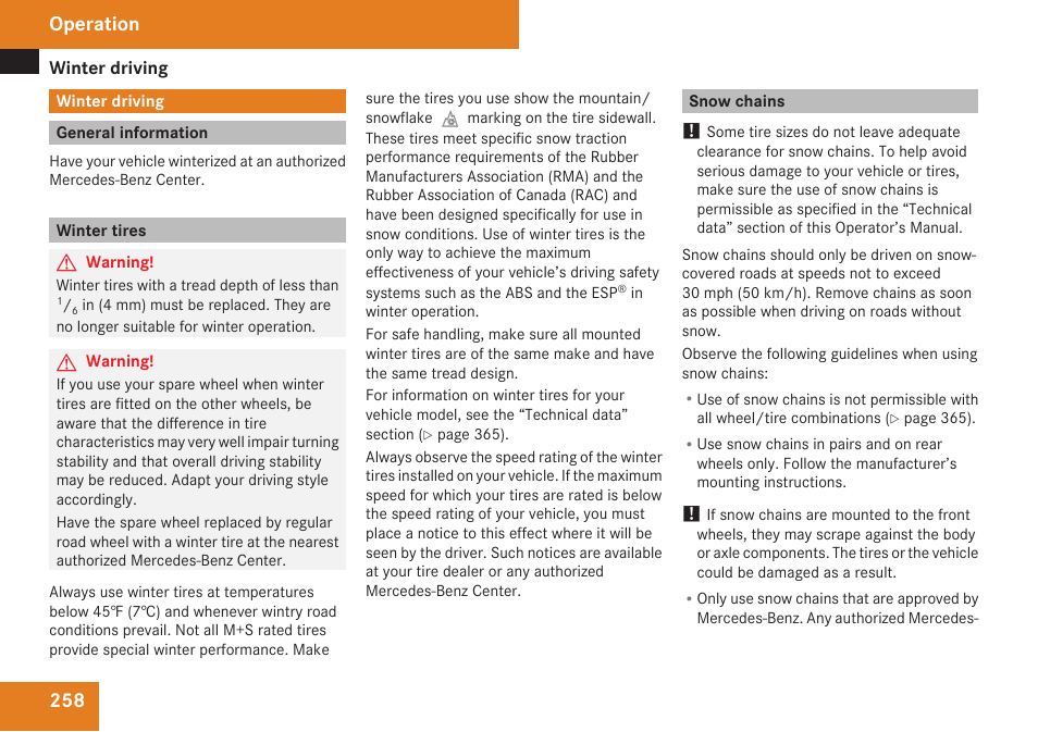 Winter driving, General information, Winter tires | Snow chains, Operation | Mercedes-Benz CLK-Class 2009 Owners Manual User Manual | Page 260 / 384