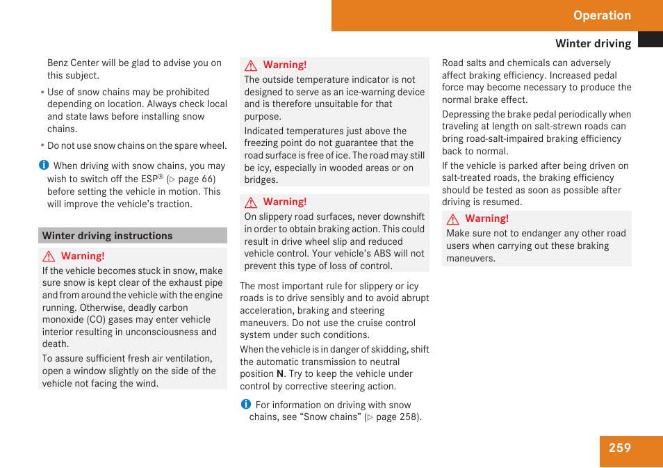 Winter driving instructions, Operation | Mercedes-Benz CLK-Class 2009 Owners Manual User Manual | Page 261 / 384