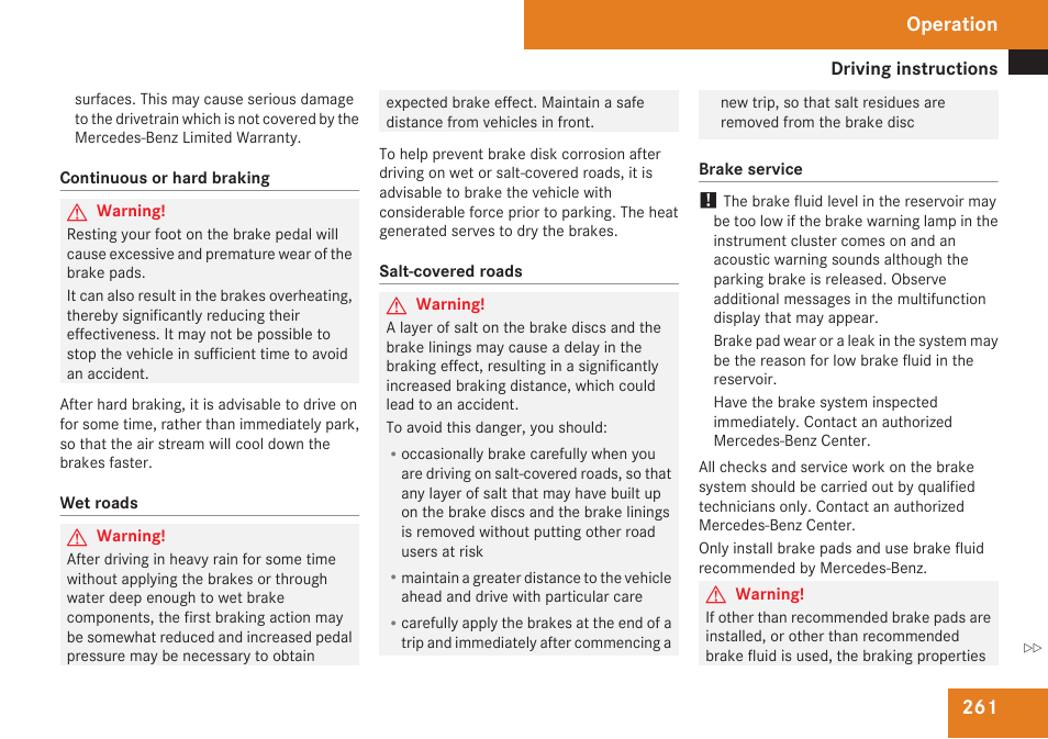 Brake fluid, Operation | Mercedes-Benz CLK-Class 2009 Owners Manual User Manual | Page 263 / 384