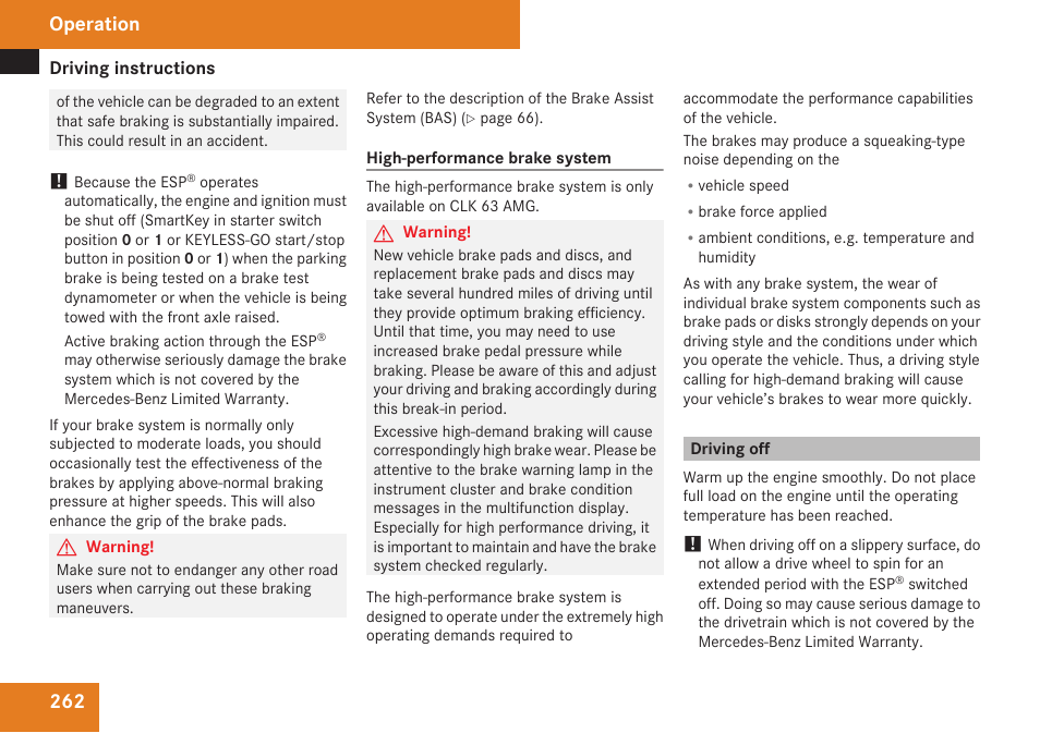 Driving off, Operation | Mercedes-Benz CLK-Class 2009 Owners Manual User Manual | Page 264 / 384