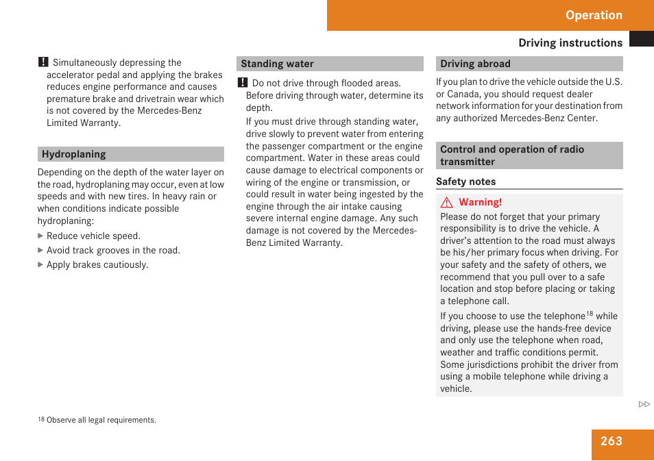 Hydroplaning, Standing water, Driving abroad | Control and operation of radio transmitter, Operation | Mercedes-Benz CLK-Class 2009 Owners Manual User Manual | Page 265 / 384