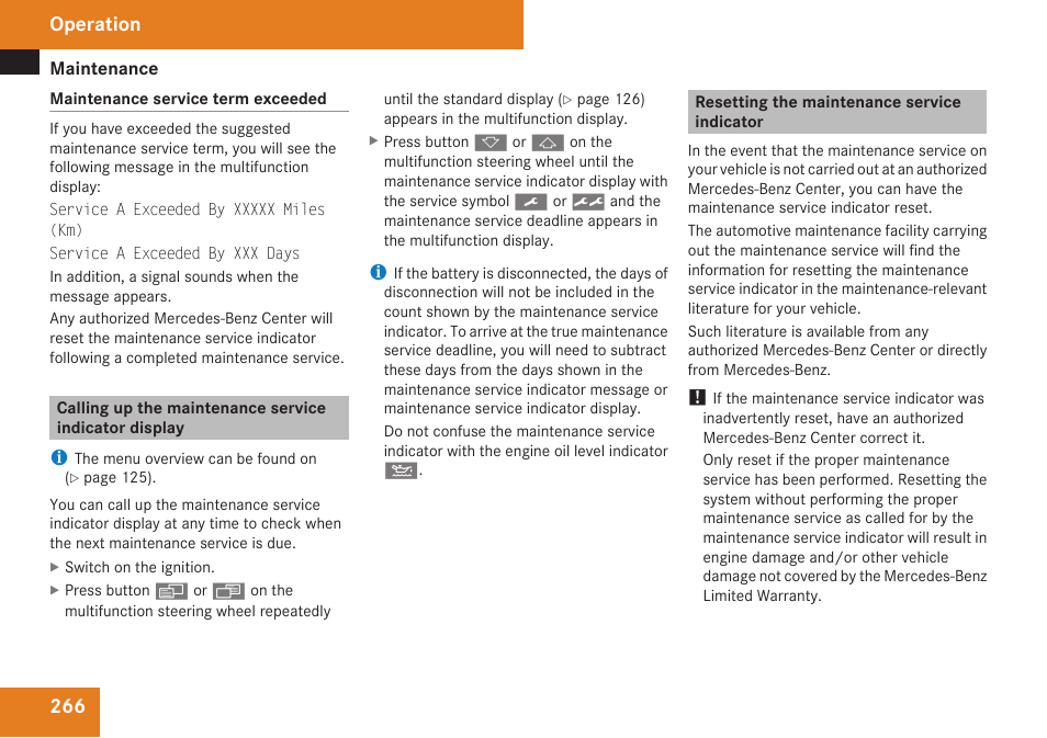 Resetting the maintenance service indicator, Display, Operation | Mercedes-Benz CLK-Class 2009 Owners Manual User Manual | Page 268 / 384