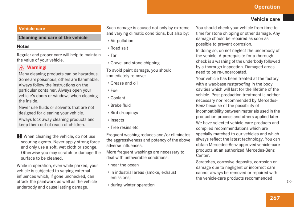 Vehicle care, Cleaning and care of the vehicle, Operation | Mercedes-Benz CLK-Class 2009 Owners Manual User Manual | Page 269 / 384