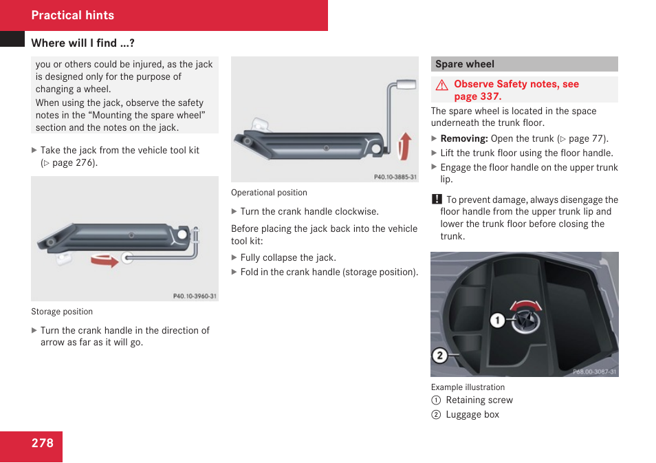 Spare wheel, Remove the luggage box, Practical hints | Mercedes-Benz CLK-Class 2009 Owners Manual User Manual | Page 280 / 384