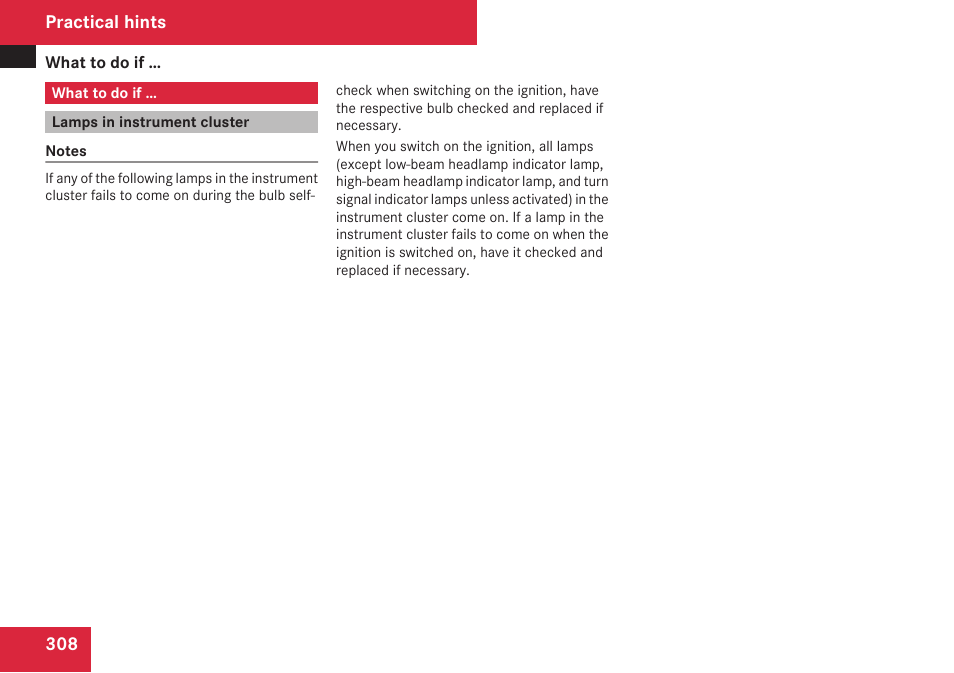 What to do if, Lamps in instrument cluster | Mercedes-Benz CLK-Class 2009 Owners Manual User Manual | Page 310 / 384