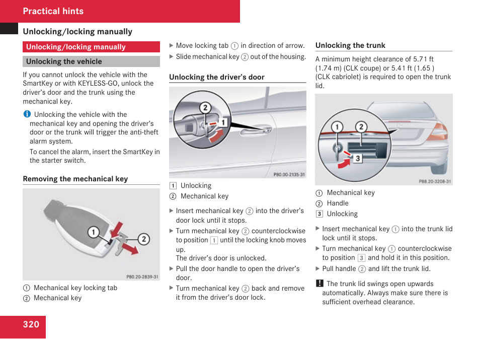 Unlocking/locking manually, Unlocking the vehicle, Smartkey | Practical hints | Mercedes-Benz CLK-Class 2009 Owners Manual User Manual | Page 322 / 384