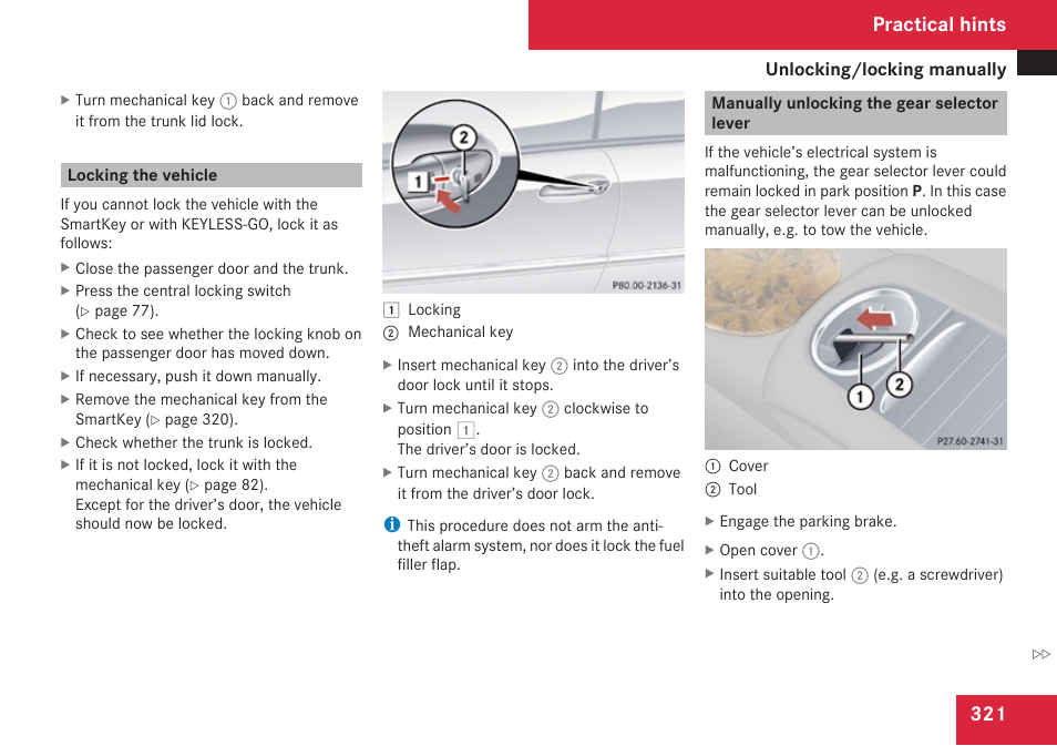 Locking the vehicle, Manually unlocking the gear selector lever, Practical hints | Mercedes-Benz CLK-Class 2009 Owners Manual User Manual | Page 323 / 384