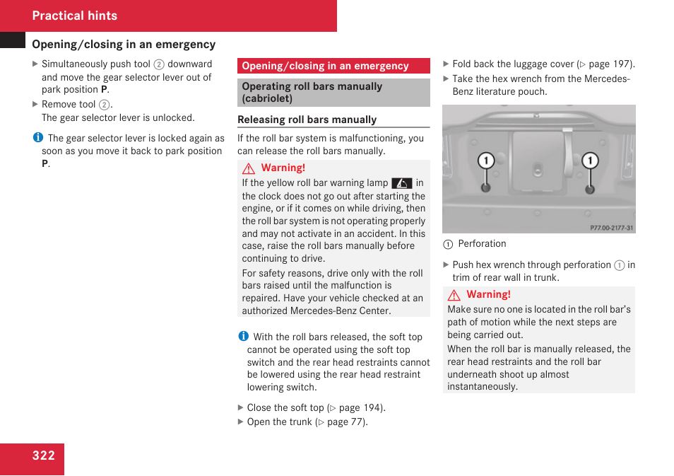 Opening/closing in an emergency, Operating roll bars manually (cabriolet), Open | Practical hints | Mercedes-Benz CLK-Class 2009 Owners Manual User Manual | Page 324 / 384