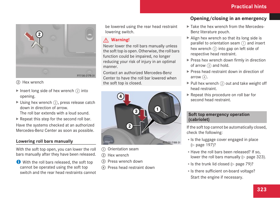 Soft top emergency operation (cabriolet), Practical hints | Mercedes-Benz CLK-Class 2009 Owners Manual User Manual | Page 325 / 384