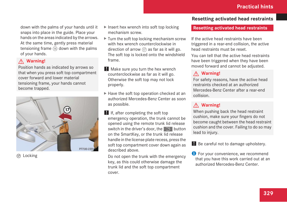 Resetting activated head restraints, Activated head restraints, Practical hints | Mercedes-Benz CLK-Class 2009 Owners Manual User Manual | Page 331 / 384