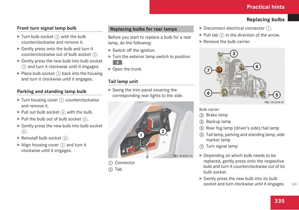 Replacing bulbs for rear lamps, Practical hints | Mercedes-Benz CLK-Class 2009 Owners Manual User Manual | Page 337 / 384