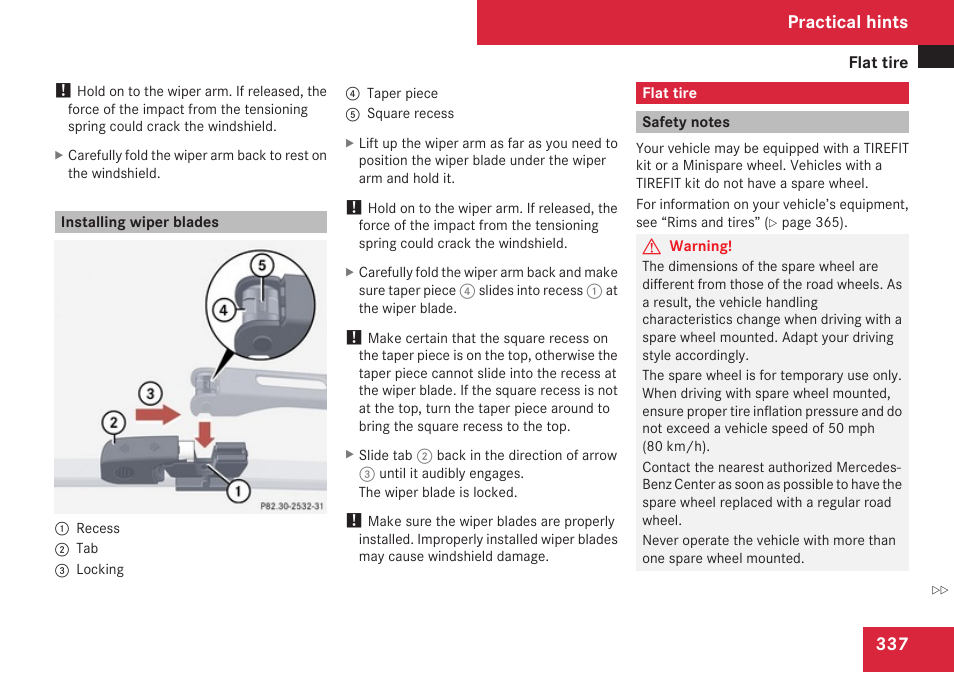 Installing wiper blades, Flat tire, Safety notes | Tire, Observe safety notes, see, Wheel, If necessary, change the wheel, Practical hints | Mercedes-Benz CLK-Class 2009 Owners Manual User Manual | Page 339 / 384