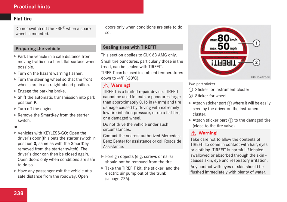 Preparing the vehicle, Sealing tires with tirefit, Practical hints | Mercedes-Benz CLK-Class 2009 Owners Manual User Manual | Page 340 / 384