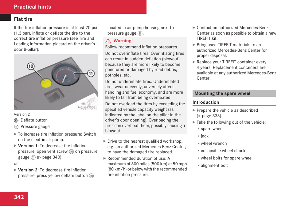 Mounting the spare wheel, Practical hints | Mercedes-Benz CLK-Class 2009 Owners Manual User Manual | Page 344 / 384