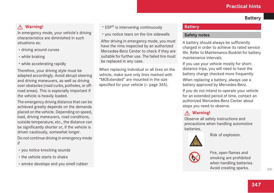 Battery, Safety notes, Practical hints | Mercedes-Benz CLK-Class 2009 Owners Manual User Manual | Page 349 / 384