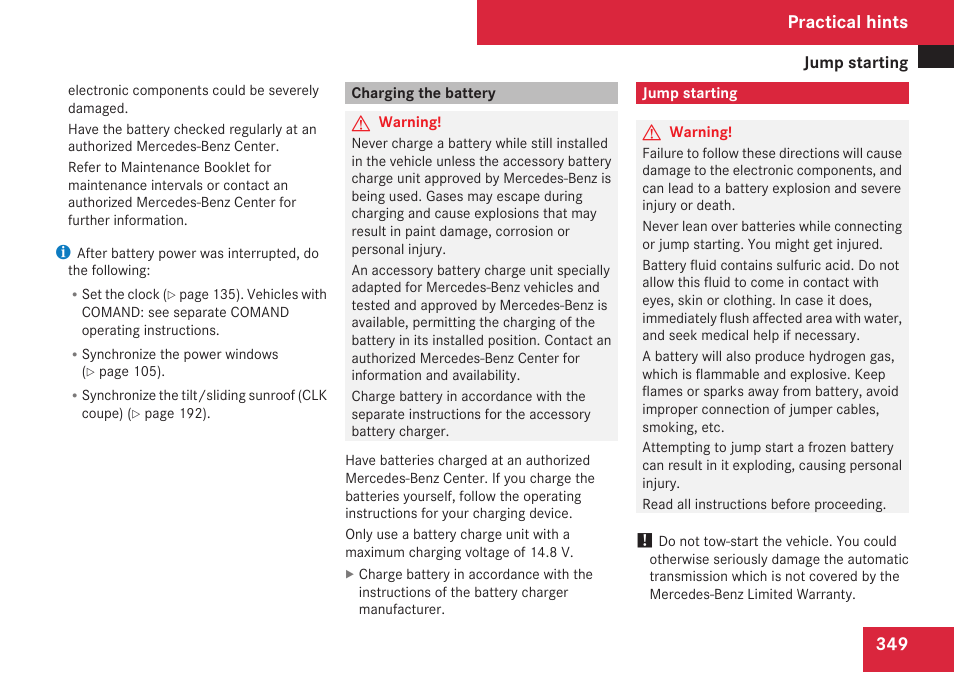 Charging the battery, Jump starting, Get a jump start | Practical hints | Mercedes-Benz CLK-Class 2009 Owners Manual User Manual | Page 351 / 384