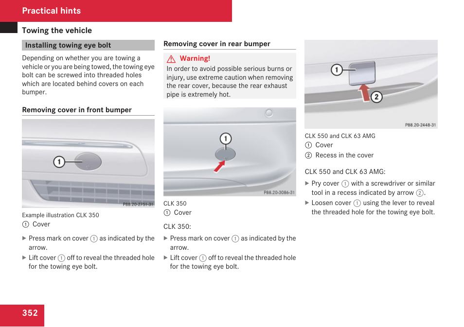 Installing towing eye bolt, Practical hints | Mercedes-Benz CLK-Class 2009 Owners Manual User Manual | Page 354 / 384