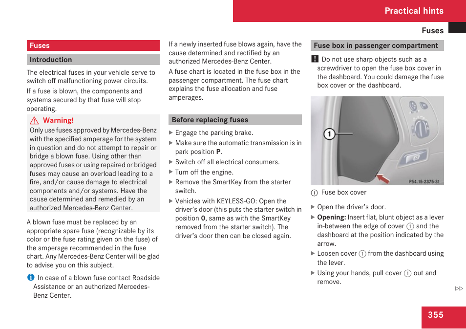 Fuses, Introduction, Before replacing fuses | Fuse box in passenger compartment, Practical hints | Mercedes-Benz CLK-Class 2009 Owners Manual User Manual | Page 357 / 384