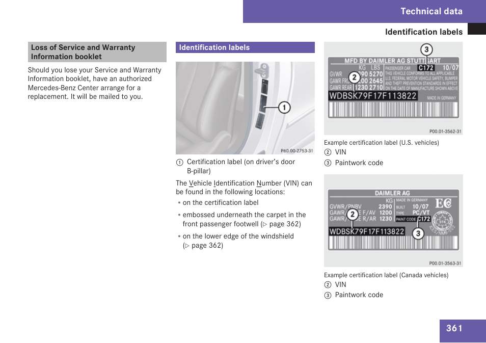 Loss of service and warranty information booklet, Identification labels, Technical data | Mercedes-Benz CLK-Class 2009 Owners Manual User Manual | Page 363 / 384