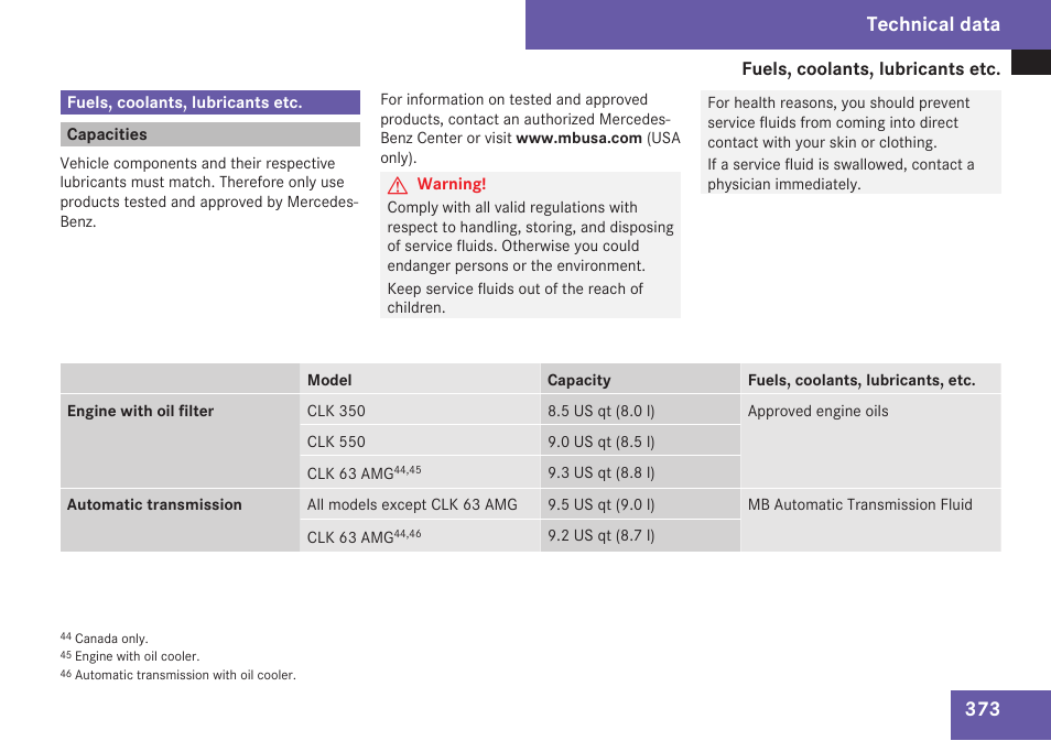 Fuels, coolants, lubricants etc, Capacities, Coolants, lubricants, etc | Technical data” section, Technical data | Mercedes-Benz CLK-Class 2009 Owners Manual User Manual | Page 375 / 384