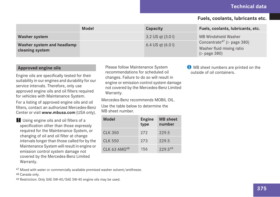Approved engine oils, System, Technical data | Mercedes-Benz CLK-Class 2009 Owners Manual User Manual | Page 377 / 384