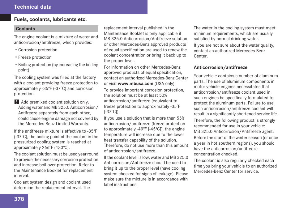 Coolants, Technical data | Mercedes-Benz CLK-Class 2009 Owners Manual User Manual | Page 380 / 384